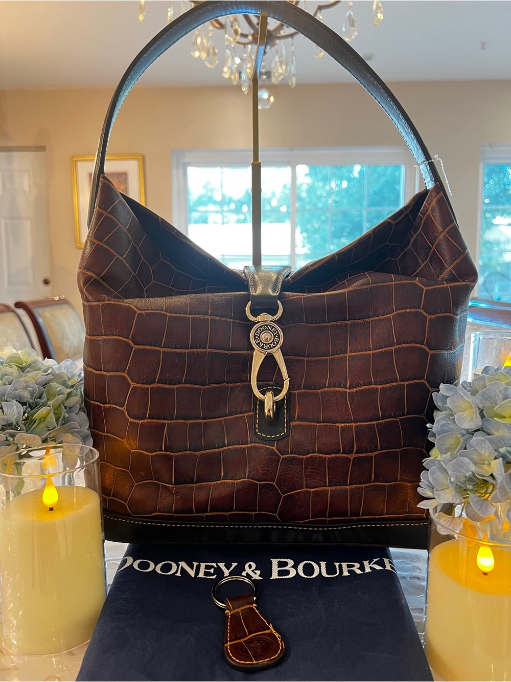 Dooney & Bourke Dark Brown Croc-Embossed Shoulder Bag with Gold Hardware